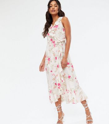 White Floral Belted Ruffle Wrap Midi Dress | New Look